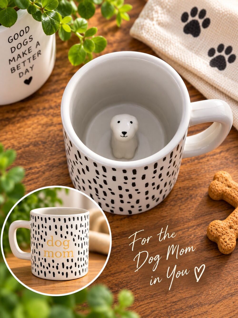 Dog Mom Ceramic Mug Hidden Dog Inside Black White Pattern Coffee Cup Gift 8 oz
